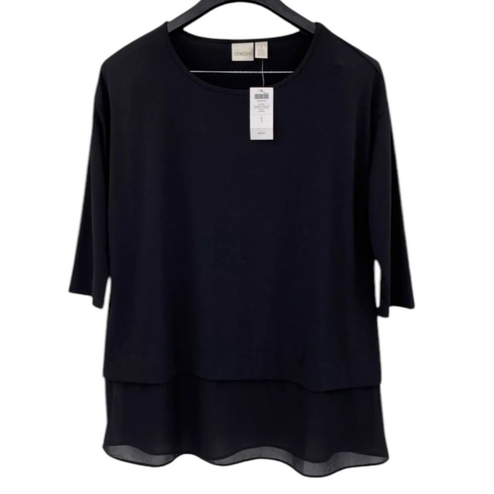 Chicos Black Layered Woven Hem 3/4 Sleeve Top Business Casual Sz 1 8/10 Medium